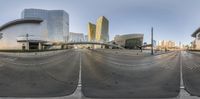 a series of three pictures of a circular object with buildings in the background and an upside down photo of two empty streets