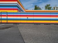 an empty parking lot painted brightly stripes on the wall of the building and sky as well as stones