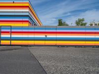 an empty parking lot painted brightly stripes on the wall of the building and sky as well as stones