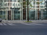 a grey car sitting next to a building with glass walls and doors and a tree