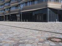 a brick building with glass windows and sidewalk leading to it and a black fire hydrant