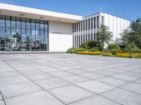 a white building with a glass entrance next to a row of yellow flowers on each side of the entrance is surrounded by green grass and trees