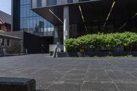 a concrete street with trees growing in front of it and building on the corner of the street