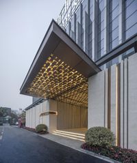 the entrance to a modern building in asia - - a unique structure and design that looks like a tree