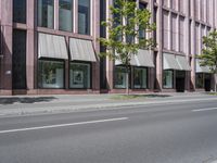 a building with awnings and some trees in front of it and a street