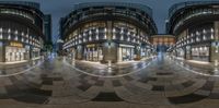 three different perspective shots of a very modern building at night time showing various angles in motion