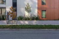 the back corner of a modern building with grass in front of it and trees in the foreground