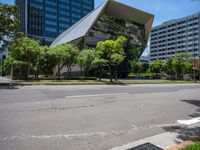 modern looking buildings near street next to sidewalk and trees on pavement and street side in city