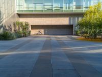 a modern looking courtyard with trees and plants in front of a building and glass walls