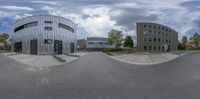 two spherical images of the same building on the left and right side of them on the right