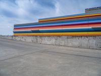 an empty parking lot painted brightly stripes on the wall of the building and sky as well as stones