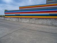 an empty parking lot painted brightly stripes on the wall of the building and sky as well as stones