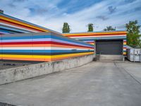 an empty parking lot painted brightly stripes on the wall of the building and sky as well as stones