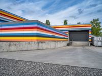 an empty parking lot painted brightly stripes on the wall of the building and sky as well as stones