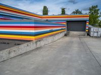 an empty parking lot painted brightly stripes on the wall of the building and sky as well as stones