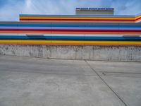 an empty parking lot painted brightly stripes on the wall of the building and sky as well as stones