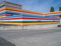 an empty parking lot painted brightly stripes on the wall of the building and sky as well as stones