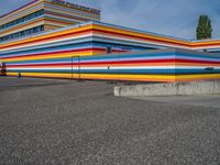 an empty parking lot painted brightly stripes on the wall of the building and sky as well as stones