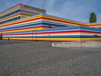 an empty parking lot painted brightly stripes on the wall of the building and sky as well as stones