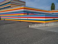 an empty parking lot painted brightly stripes on the wall of the building and sky as well as stones