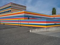 an empty parking lot painted brightly stripes on the wall of the building and sky as well as stones