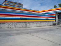 an empty parking lot painted brightly stripes on the wall of the building and sky as well as stones