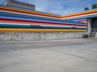 an empty parking lot painted brightly stripes on the wall of the building and sky as well as stones