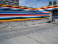 an empty parking lot painted brightly stripes on the wall of the building and sky as well as stones