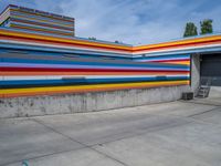 an empty parking lot painted brightly stripes on the wall of the building and sky as well as stones