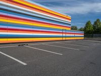 an empty parking lot painted brightly stripes on the wall of the building and sky as well as stones