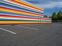 an empty parking lot painted brightly stripes on the wall of the building and sky as well as stones