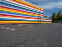 an empty parking lot painted brightly stripes on the wall of the building and sky as well as stones