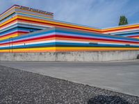 an empty parking lot painted brightly stripes on the wall of the building and sky as well as stones