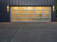 a modern garage door on a concrete sidewalk in front of a gray metal building at dusk