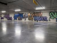 a parking garage with lots of graffiti written on the wall and floors of it,