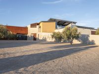 a view of the home from across the driveway area, showing several olive trees in front and a house with brown cladding