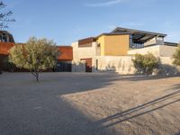 a view of the home from across the driveway area, showing several olive trees in front and a house with brown cladding