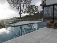 the large pool on the hillside overlooks the view of the valley below it and leads into a modern home's backyard