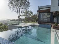 the large pool on the hillside overlooks the view of the valley below it and leads into a modern home's backyard