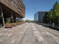 an empty brick walkway leads to an office building and trees in the background for a caption