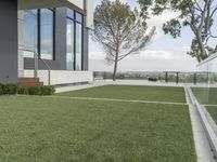 large artificial grass lawn with wooden railings and a modern house on the horizon below