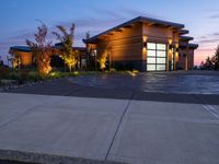 this modern house has an driveway with lighting on the side and outside doors, along with two trees and lawn and shrubs around it