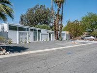 the exterior of a modern house next to a palm tree and a paved street with a car parked nearby