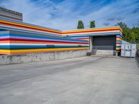 an empty parking lot painted brightly stripes on the wall of the building and sky as well as stones