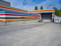 an empty parking lot painted brightly stripes on the wall of the building and sky as well as stones