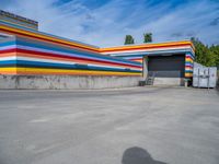 an empty parking lot painted brightly stripes on the wall of the building and sky as well as stones