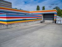 an empty parking lot painted brightly stripes on the wall of the building and sky as well as stones