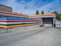 an empty parking lot painted brightly stripes on the wall of the building and sky as well as stones