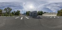 two different pictures of an asphalt parking lot with a building in the background and trees