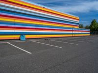 an empty parking lot painted brightly stripes on the wall of the building and sky as well as stones